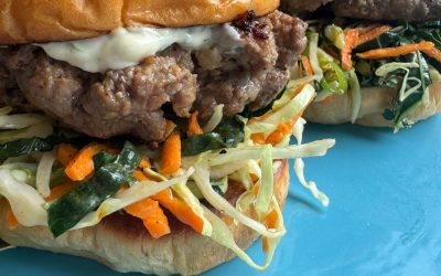 Grilled Chorizo Burger with Kale Carrot Slaw and Garlic Scape Dijonnaise
